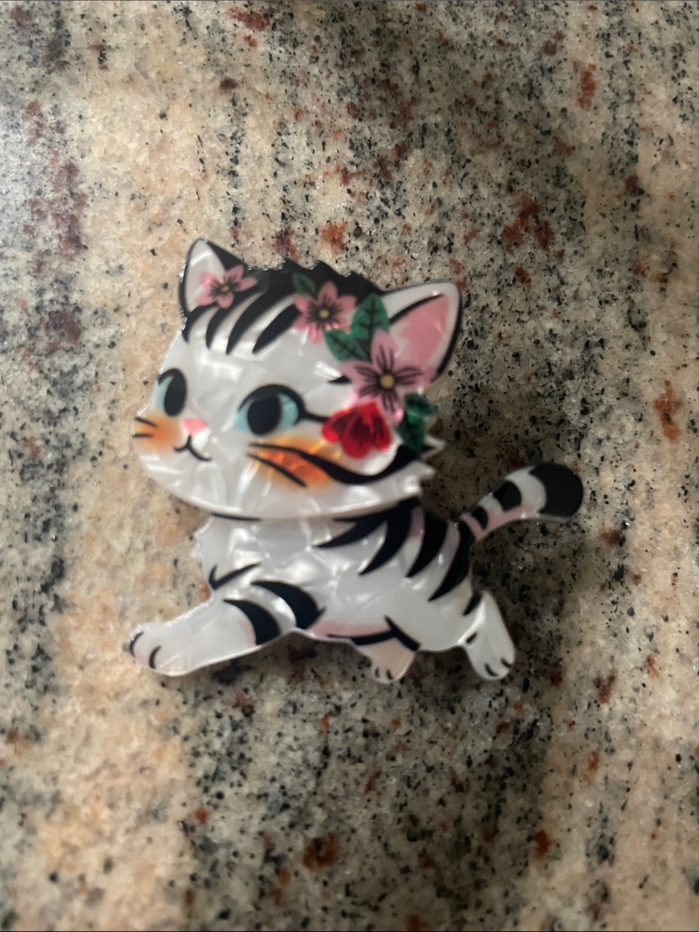 Adorable Floral White Cat Acrylic Pin/Brooch